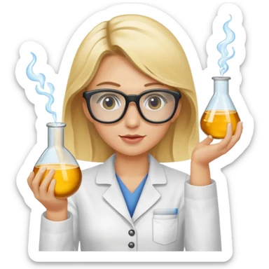 Eine hellblonde Chemikerin mit Kittel, großer Labor-Sicherheitsbrille und typischem Erlmeyerkolben in der Hand sticker