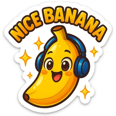 Funny cartoon banana, big happy smiling face, wearing tiny headphones, wide excited eyes, tiny sparkles around, text above: "NE BANANA", chibi style, Twitch emoji style, colorful, transparent background sticker