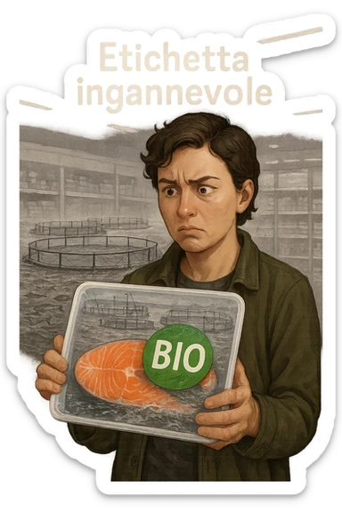 Scena in un supermercato moderno: uomo o donna tiene in mano una confezione di salmone etichettata 'BIO', con un grande bollino verde. Ma in trasparenza, dietro l’etichetta, si intravede un allevamento intensivo di salmoni in gabbie marine, acqua torbida e pesci ammassati. Espressione del cliente confusa e sospettosa. Sopra la testa, testo simbolico fluttuante: 'Etichetta ingannevole'. Colori contrastanti: confezione brillante ma realtà di fondo grigia e artificiale. Stile realistico con elementi simbolici forti sticker