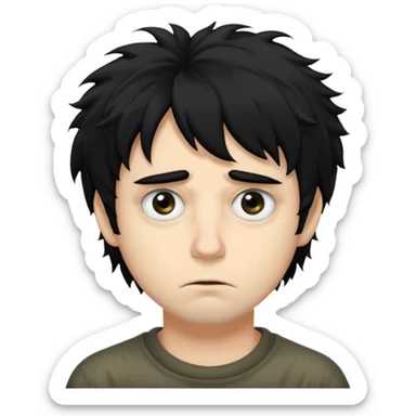 Hair: Messy, shaggy black hair that sticks out in uneven tufts, like he never bothers to style it.

Eyes: Big, heavy-lidded eyes with dark circles/eye bags, giving him a tired, haunted stare.

Skin: Very pale complexion sticker