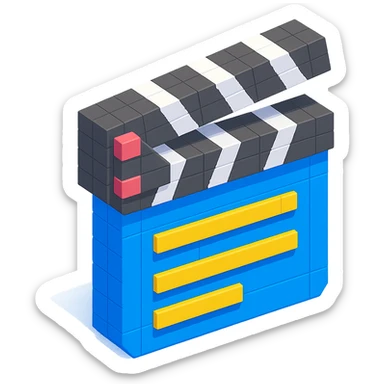 isometric view of a movie clapperboard in voxel style sticker