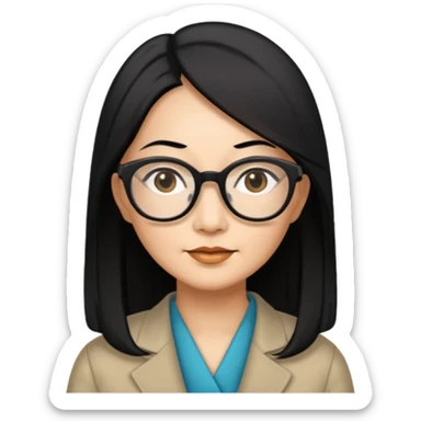 50 yr old asian woman, straight thick long black hair, big black, side part, big glasses sticker