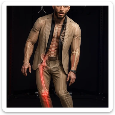 Realistic man standing in a gym, pose as in the reference, pelvis tilted, knee in valgus, and pronated foot. Visible skin and muscles, some translucent areas partially showing bones and joints involved (pelvis, knee, foot). Kinetic chain from pelvis to foot highlighted. Natural expression, clothing similar to the reference, hyperrealistic 4K details, gym environment. Variant 6. sticker