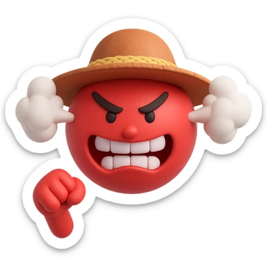 Remove the things in the mouth but keep the red angry emoji with grinding teeth, steam coming out of ears and nose, noose in the background, punching air, wearing a Chinese straw hat. The background should be removed. Maintain the style of the original image. sticker