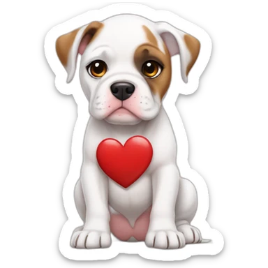 Sad White American bulldog puppy with a brown patch on her left eye holding a heart that says Randy sticker