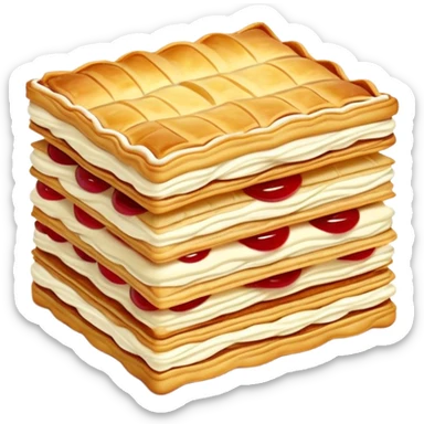 mille-feuille-cinematic-realistic-mille-feuille-dessert-emoji,-depicted-as-a-rectangular delicate-pastry-composed-of-two-crisp-layers-of-puff-pastry-with-a-rich-cream-filling,-rendered-with-intricate-textures-and-elegant,-soft-lighting. Please only show two layers only. sticker