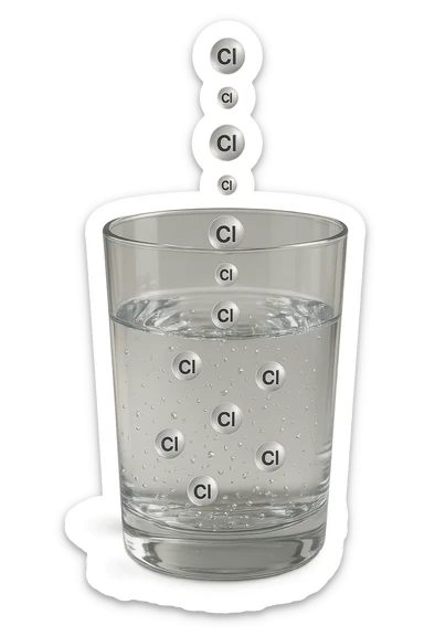 un bicchiere di acqua realistico e dettagliato fluttua in aria, dentro l'acqua del bicchiere ci sono particelle di cloro ben visibili con la scritta "Cl" sopra, ci sono particelle anche che escono dal bicchiere e fluttuano in aria verticalmente, mentre alcune sono all'interno dell'acqua nel bicchiere, iperrealistico 4k sticker