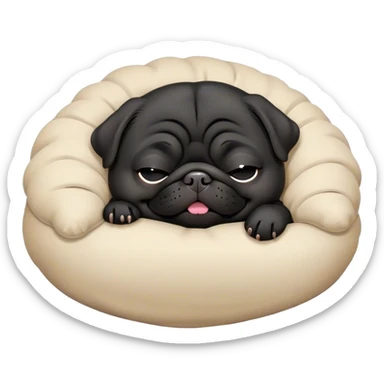 Cinematic Meme-Worthy Chubby Sleeping Black Pug Portrait Emoji, Head resting peacefully with a contented smile, showcasing a delightfully chubby build and a luxuriously soft black coat, eyes shut in a serene nap, Simplified yet hilariously adorable features, highly detailed, glowing with a soft, drowsy light, high shine, relaxed and utterly lovable, stylized with an air of playful laziness, bright and heartwarming, soft glowing outline, capturing the essence of a comically sleepy companion, so meme-worthy it feels like it could instantly become the next viral sensation of adorable slumber! sticker