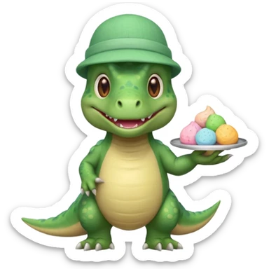 quiero un dinosaurio divertido con delantal y gorro de pastelero y en la mano un pastel sticker