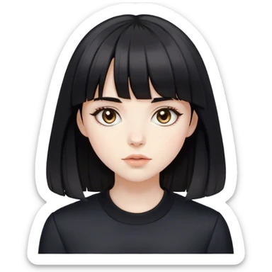 a pale white feminine girl with medium length slightly wavy black hair and bangs with big light brown eyes looking like a porcelain doll with black clothes sticker