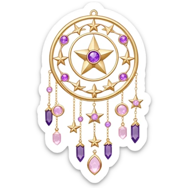 Epic beautiful gorgeous cute gold suncatcher, threads with shiny sparkly amethyst and rose-quartz gemstones, flowers, moons, stars, leaves, detailed sticker