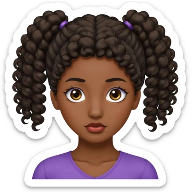 emoji sucking its lips in with one eyebrow up and the other one down dark skin and curly hair in one ponytail with eyelashes up to her hair sticker