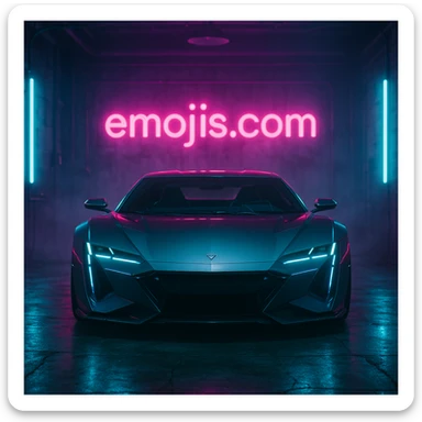 Cinematic still of a futuristic car parked front to camera inside neon garage with led behind saying "emojis.com", room fill with haze, very detailed and futuristic ,inspired by cyberpunk 2077 sticker