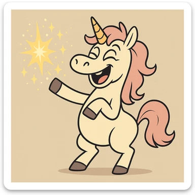 a playful unicorn casting sparkly magic, cartoon style sticker