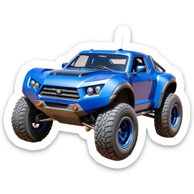 Satan’s (post race) ultra blue wide-body Dirty and dented Local Motors Rally Fighter off road race car hot rod trophy truck-style flying turning a tight corner (silver wheels) sticker
