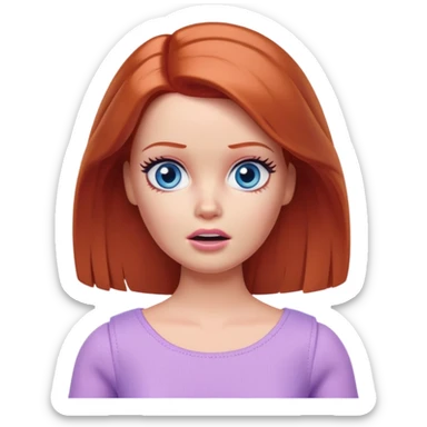 Barbie girl Chestnut-red Shoulder-length hair and blue eyes is In pale purple clothes a Feels terrified sticker