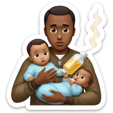 Sean “Diddy” Combs with baby oil and a very small infant and he’s pouring the baby oil on the baby and they have a scared face they’re really scared sticker