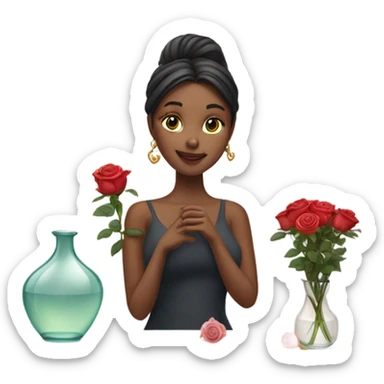 Hyper Realistic beautiful woman model with a small rose tattoo arranging flowers in a vase sticker