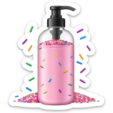Pink shower gel light pink bottle with sprinkles and confeti on the bottle with a flip cap sticker