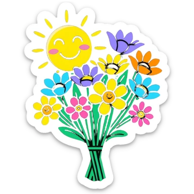 Spring flowers in garden with sun with inscription Good morning  sticker