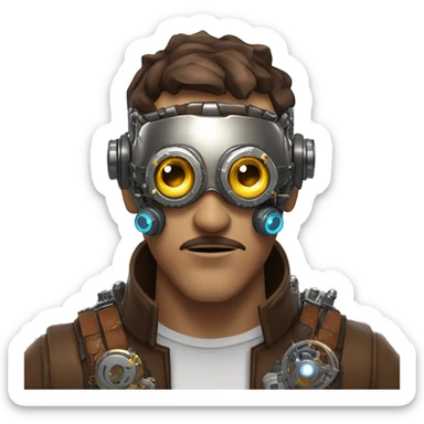 Brown short hair male cyborg head with silver steampunk goggles, brown beard and circuits sticker