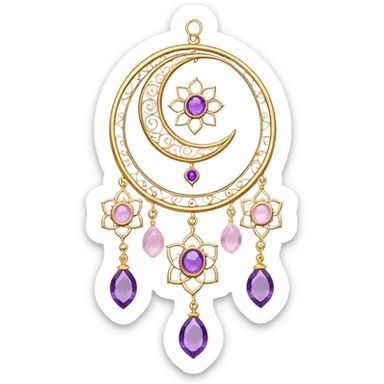 Epic beautiful gorgeous cute gold suncatcher, threads with shiny sparkly amethyst and rose-quartz gemstones, flowers, crescents-moons sticker