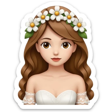Chica blanca, cabello castaño, recogido en moño alto con mechones, vestido novia de manga larga, cuerpo entero, ramo de flores en una mano sticker