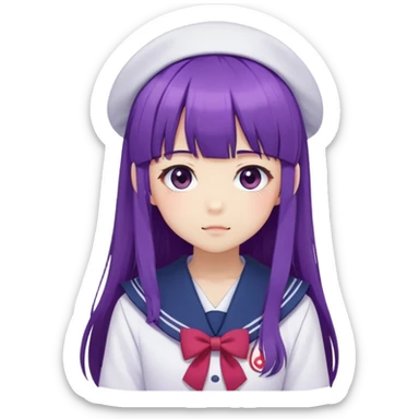 Shy anime girl with purple long hair and bangs wearing Japanese sailor style school uniform, blushing, kawaii style sticker