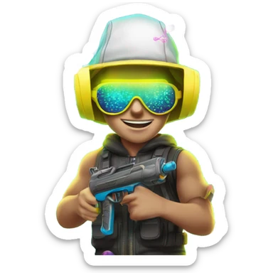 Caucasian boy in glowing rave outfit with mask, sunglasses, and headgear, firing hundreds of bubbles out of a water gun sticker