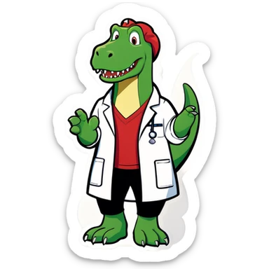 Green trex wearing a white lab coat with name tag that says Rex sticker