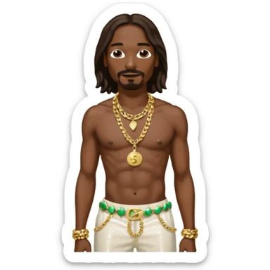 Snoop Dogg with long dark brown hair, cream sequin baggy pants, shirtless with necklace sticker