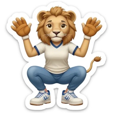 friendly anthropomorphised female lion wearing a baseball shirt, jeans, and trainers, in a squat position, lifting something up sticker