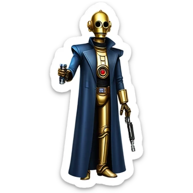 tough well-equipped jedi first order life-sized darkblue-pearl C3po as a friendly bounty hunter droid wearing a leather clothing old west duster coat holding light saber sticker