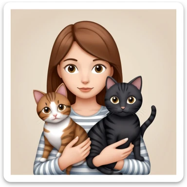 Tan brown-haired girl holding three cats, one black cat, one grey cat, and one grey-striped cat sticker