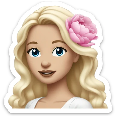 White bride with long light blonde hair and blue eyes with pink peonies in hair sticker