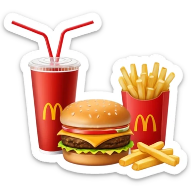 make a Luxe Cheeseburger Meal combo with cold drink inside that a straw and some ice cubes and beside some McDonald's fries box inside some thick fries

 with a angle to 15–20° gentle bird’s-eye angle  sticker