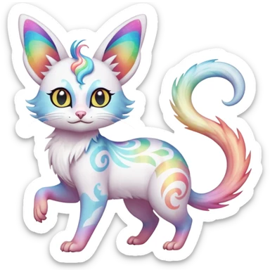 Jumping-Pure-snow-White albino iridescent with pastel rainbow-gradients-color-markings with swirly patterns butterflies  faerie-Noivern-Noibat-Purloin-Torracat-Lykoi-Caracal-cat-Fakemon-fusion-hybrid-creature- sticker