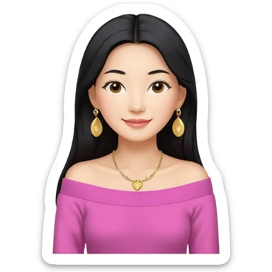South Korean girl in her mid-thirties with long black hair with a middle part. She is wearing a pink, off the shoulder long sleeve knit sweater, extra small gold earrings and a gold necklace. She has brown eyes with narrow, mono lid shape and smiling with lips together sticker