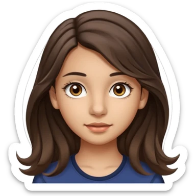 Create a emoji of a girl teen (14 years old) with dark brown hair and a little bit lighter brown in the end of the hair (but mixed) and waves in the hair, very long hair, with MEDIUM FAIR TO OLIVE skin tone, dark brown eyes, perfect nose, long eyelashes sticker