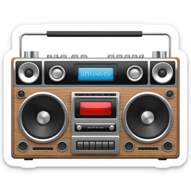 3D render of Boombox, vintage 1980s audio equipment aesthetic, tactile analog buttons, silver chrome body with black speakers, mixed wood grain and brushed aluminum textures, Apple emoji style, isolated on white background --v 6.0 sticker