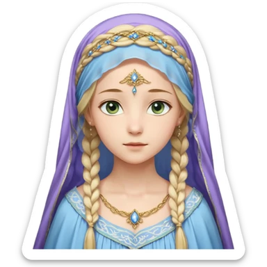 Joven de unos 30 años, de aspecto dulce y elegante.
Piel clara, ojos (pueden ser azules o verdes)
Rubio o castaño claro, largo, con trenzas o velo.
Vestido largo de tonos suaves (blanco, azul o lavanda), con bordados dorados; un manto o toca fina cubriendo la cabeza. Haz todo el cuerpo. sticker