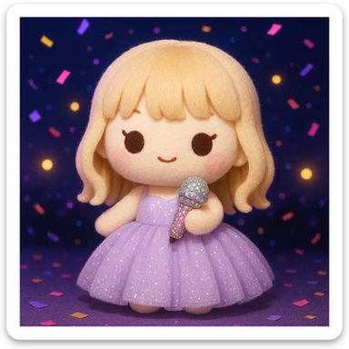 Pretty and girly Blonde pop star with bangs wearing a sparkly tulle light purple ballgown, holding a bedazzled microphone, reimagined as a soft kawaii plushie doll, with a nighttime concert backdrop with colorful confetti sticker