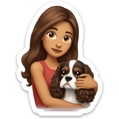 a cute brunette girl holding and hugging a cavalier king charles spaniel  sticker