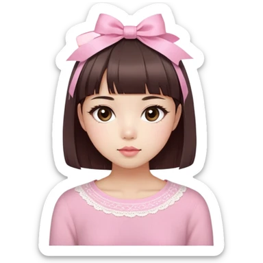 Cute East Asian girl, soft fair skin with blush on cheeks, big brown eyes with long lashes, natural pink lips, inward brown bob with straight bangs. Wearing a stylish pink knit top with ribbon details and subtle lace trim, holding a  Abyssinian sticker