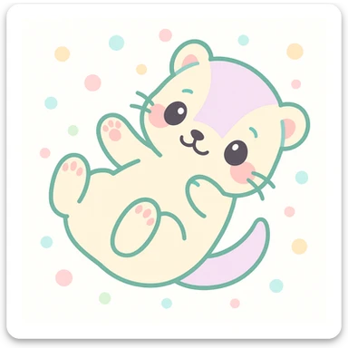 kawaii cartoon baby ferret, rolling on its back, playful, blushing cheeks, pastel palette, simple background sticker