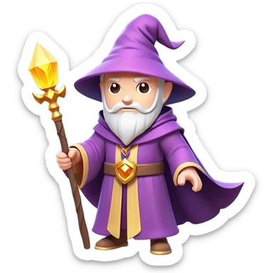 Clash of Clans aesthetic: Cinematic Playful Wizard Hero Emoji, rendered in a 3D vector-style similar to standard emojis with minimal shading and bold, simplified shapes. A compact, isometric figure draped in flowing enchanted robes and wielding a mystical staff, softly glowing with an arcane magical charm. Simplified yet unmistakably iconic, highly detailed and consistent, glowing with a soft radiant glow and high shine. Stylized with a touch of whimsical sorcery and a soft glowing outline, capturing the essence of a powerful wizard ready to cast spells with a friendly, playful spirit! sticker