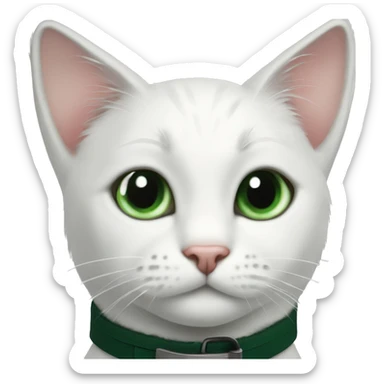 white cat with black spot on his head, black tail and black spot in his back and dark green collar sticker
