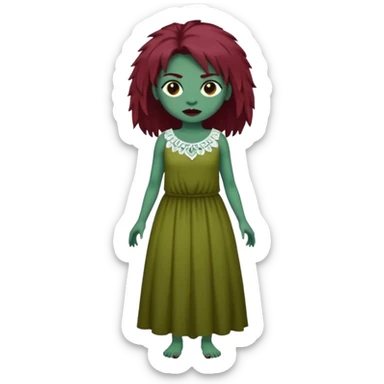 Faça uma garota com pele verde e que seja zombie, que tenha cabelo grande da cor vermelho marsala e que tenha uma franja e que seja liso mais enrolado nas pontas, e que esteja vestindo um sobre tudo(vestido sem alça) da cor branca  sticker