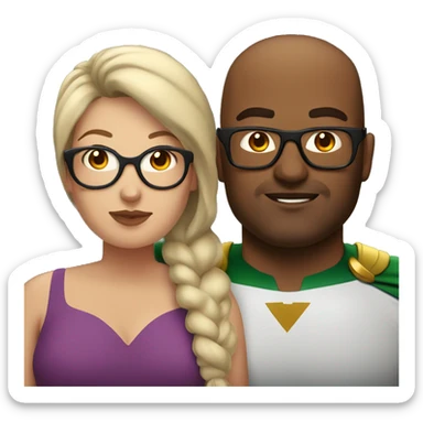 Plus sized super hero couple. Both wearing glasses. Man has shaved head. Woman has brown hair.  sticker