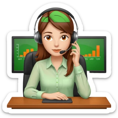 a woman, brown hair, middle european, sitting in the office, wearing a blouse and a headset. she is controling the limits on screen. green = ok, orange = am Limit, rot = überschritten sticker
